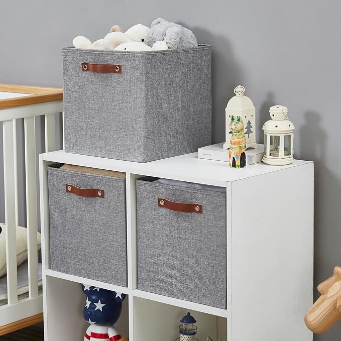 Collapsible Fabric Storage Cube Bins with 2 Reinforced PU Handles, Foldable Storage Organizer Baskets for Closet, Shelves, Living Room | 13"x13"x13", 4 Pack, Full Gray