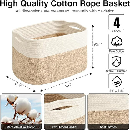 Storage Baskets for Organizing & Shelves, Woven Cotton Rope Organization Bins for Dog Toys, Clothes, Books, Nursery Organizer, 15" Lx11''Wx9.5''H, (4 Packs) Off White & Brown