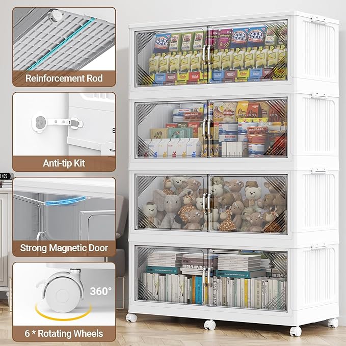 220Gal Plastic Stackable Storage Bins with Lid, 880QT Extra Large Closet Organizers Collapsible Cabinets Boxes With Drawers, Foldable Containers with 6x Wheels for Home Kitchen, V60 4Pack White