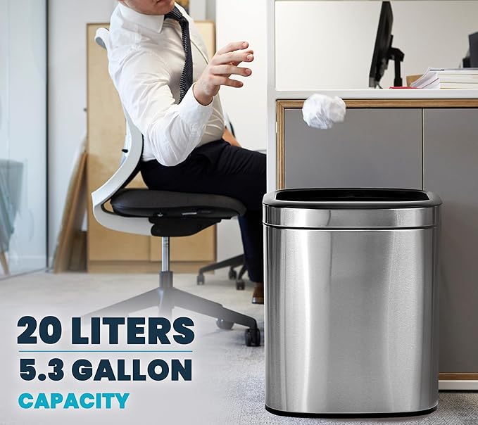 Alpine Stainless Steel Open Top Trash Can 5 Gallon - 20L Garbage Can for Kitchen, Bathroom, Office & More with Removable Bin, Brushed Nickel Finish, Space-Saving Slim Modern Design