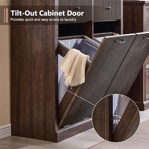 Modern Double Tilt-Out Trash Cabinet, 20 Gallon Fluted Laundry Hamper Cabinet with 2 Drawers, Wooden Hidden Garbage Can Cabinet w/Storage Basket,Free Standing for Kitchen & Living Room, Brown