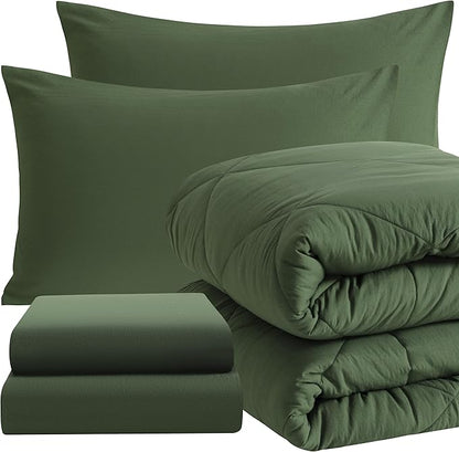 NTBAY Twin Comforter Set with Sheets, 5 Pieces Soft and Breathable Twin Bedding Set, Twin Bed in a Bag, Down Alternative Comforter Set Solid Color All Season, Kids Bedding Set, Olive Green