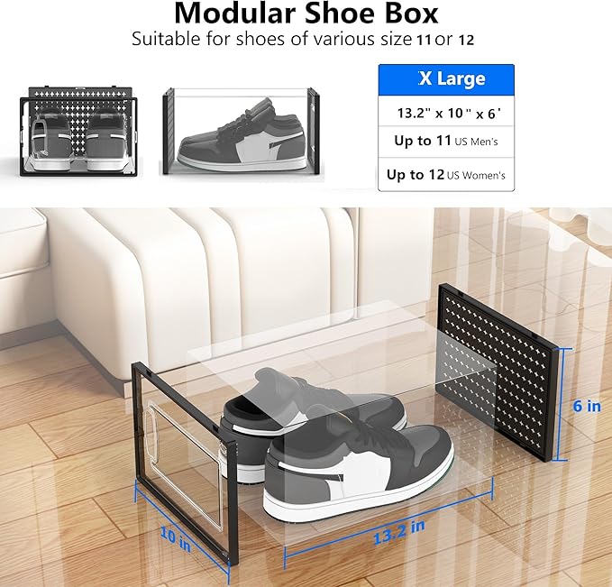 12 Pack X-Large Modular Clear Plastic Stackable Shoe Storage Organizer for Closet, Space Saving Versatile Sneaker Shoe Rack Containers Bins Holders, Portable Closet Organizers and Storage, Black02