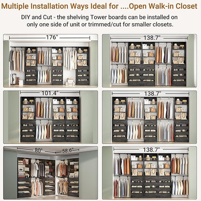 Aheaplus Closet System Set of 3, 138.5" Wood Closet Organizer System Tower with 12 Drawers & 4 Hanging Rods, 6.7+4.85Ft L Shaped Walk-in Closets Wardrobe Organizer Garment Rack with Shelves, Black Oak