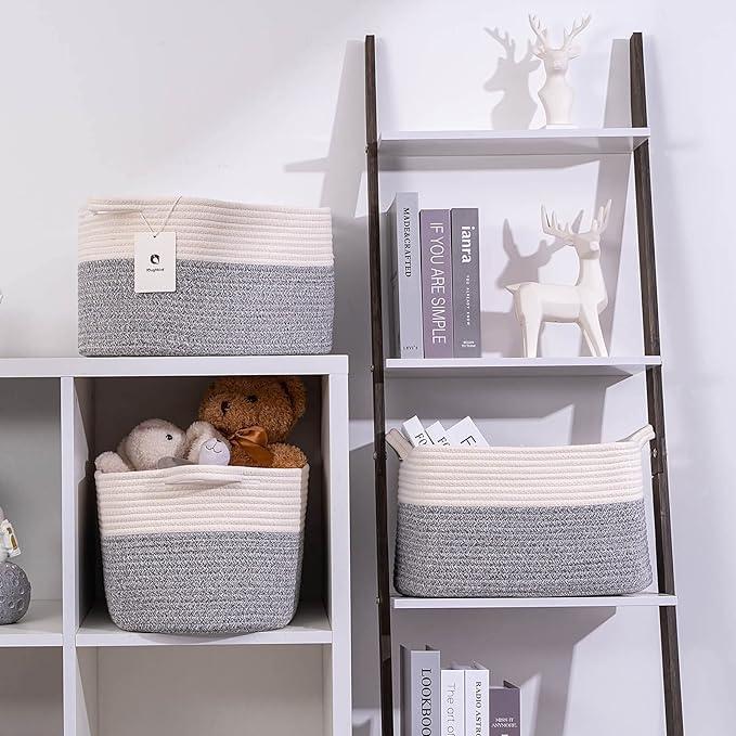 Medium and Large Woven Basket//With Handle, Used for Toys and Fabric Storage Basket used for Storing xl Storage Box, Decorative Storage Box Room 2pack (14L*10W*8.6H Silver Gray, 14Lx10Wx8.6H)