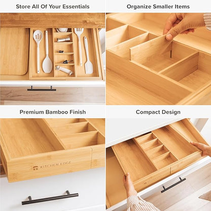 KitchenEdge Adjustable Kitchen Drawer Organizer for Utensils and Junk, Food-Safe Contract Grade with 100% Sustainable Wood, Expandable from 19 to 33 Inches Wide - Natural Bamboo