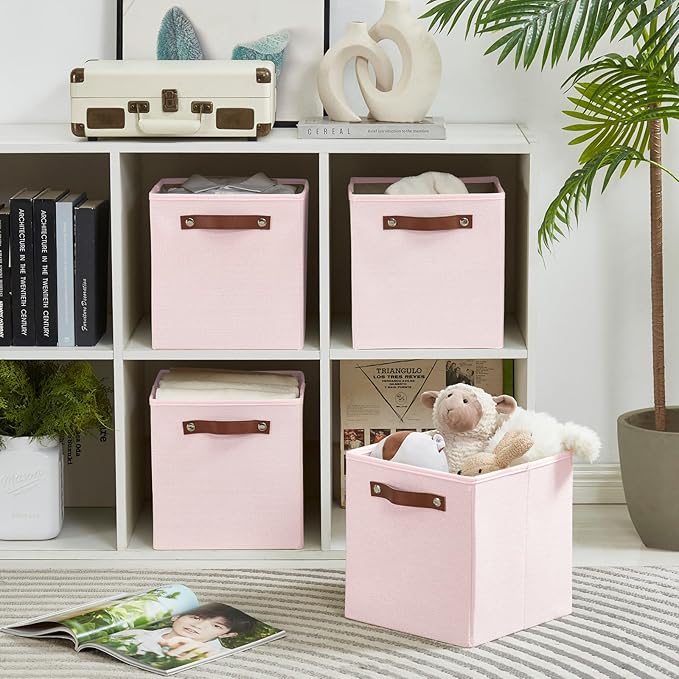 Collapsible Fabric Storage Cube Bins with 2 Reinforced PU Handles, Foldable Storage Organizer Baskets for Closet, Shelves, Living Room | 11"x11"x11", 4 Pack, Full Pink