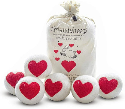 Friendsheep Wool Dryer Balls Red Heart 6 Pack XL Organic Premium Reusable Cruelty Free Handmade Fair Trade No Lint Fabric Softener - One Love
