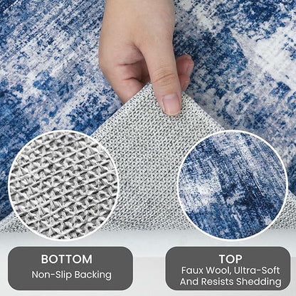 IOHOUZE Abstract Runner Rug 2x8 Ft Washable Runners for Hallways, Non Slip Kitchen Runner Printed Faux Wool Entryway Runner Indoor, Modern Abstract Floor Carpet for Hall Kitchen Bedroom, Navy/Grey