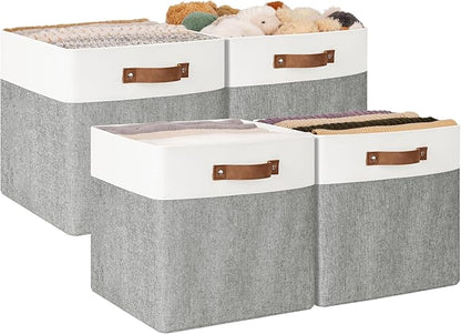 StorageWorks 13x13 Inches Storage Cube, Fabric Storage Bins with PU Handles, Collapsible Organizer Baskets for Closet, Gray and White, 4-Pack