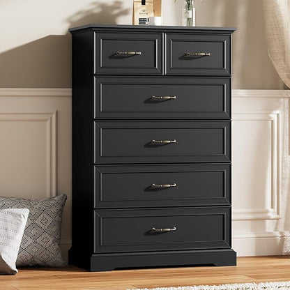 6 Drawer Dresser for Bedroom, 49" Tall Wooden Chest of Drawers, Rustic Farmhouse Dresser with Large Drawers & Metal Handles, Modern Storage Organizer for Closet, Living Room, Hallway, Black