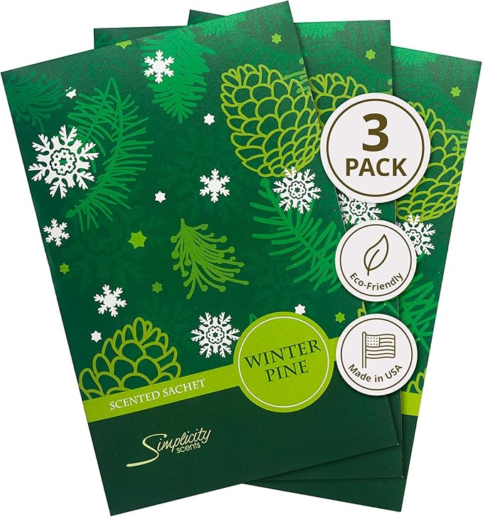 Winter Pine Scented Sachets Pack of 3, Long-Lasting Scented Bags, Home Fragrance, Air Freshener & Deodorizer for Closet, Room, Drawer, or Cars, Made in USA