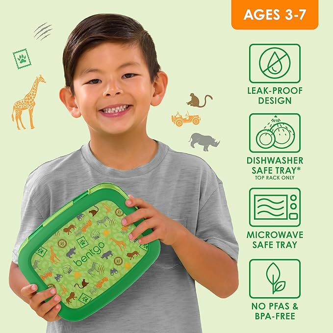 Bentgo Kids Prints Leak-Proof, 5-Compartment Bento-Style Kids Lunch Box - Ideal Portion Sizes for Ages 3-7, Durable, Drop-Proof, Dishwasher Safe, & PFAS & BPA-Free Materials (Safari)
