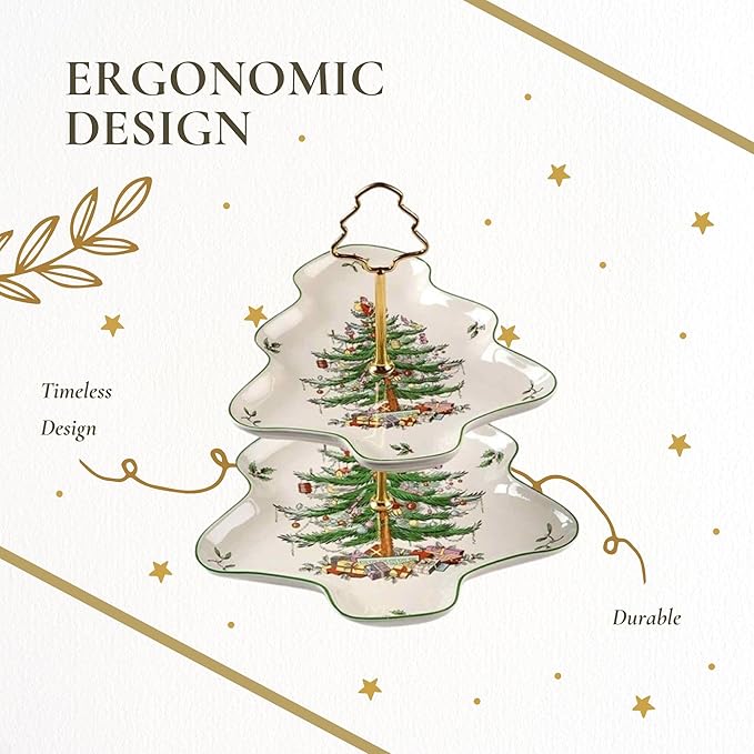 Spode Christmas Tree 2-Tiered Server, Tree-Shaped - Holiday Cupcake Stand, Dessert Display Set, Porcelain Serving Platter, 10" & 8" Plates, Dishwasher Safe Serveware for Appetizers, Desserts, Cookies