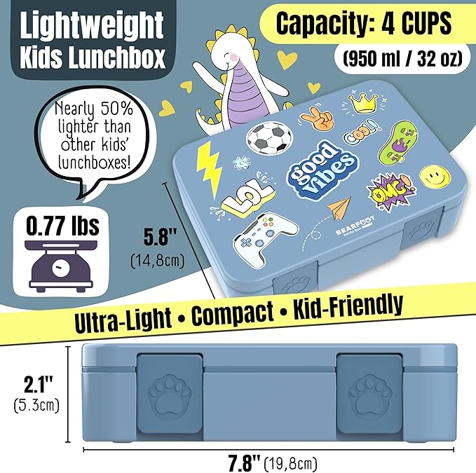 BEARFOOT Kids Lunch Box with Compartments – Compact & Lightweight | Leak-Proof, BPA-Free, Dishwasher & Microwave Safe | Hand-Drawn Design for Preschool, School, Travel (Sticker Blue, 4 Cups)