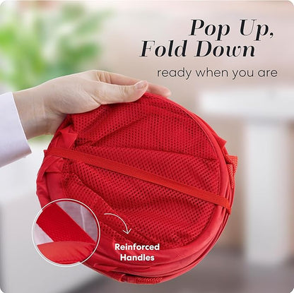 Handy Laundry Collapsible Mesh Pop Up Hamper with Wide Opening and Side Pocket - Breathable, Sturdy, Foldable, and Space-Saving Design for Clothes and Storage (Red | 2-Pack)