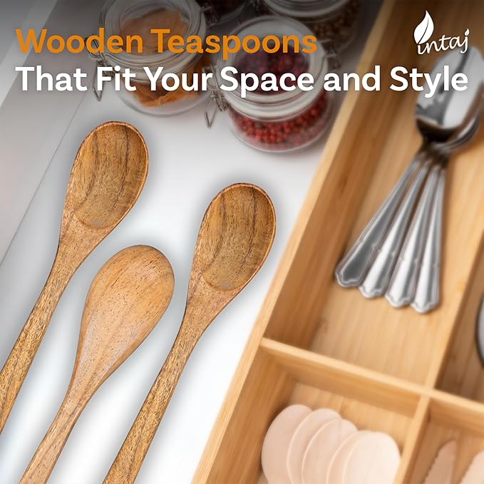 INTAJ 12 PCS Small Wooden Spoons, 5 Inch Honey Spoons for Tea, Hardwood Wooden Honey Teaspoon for Coffee, Little Tiny Wood Spoons, Bamboo Table Spoon for stirring, Wooden Spoons for Utensils Set