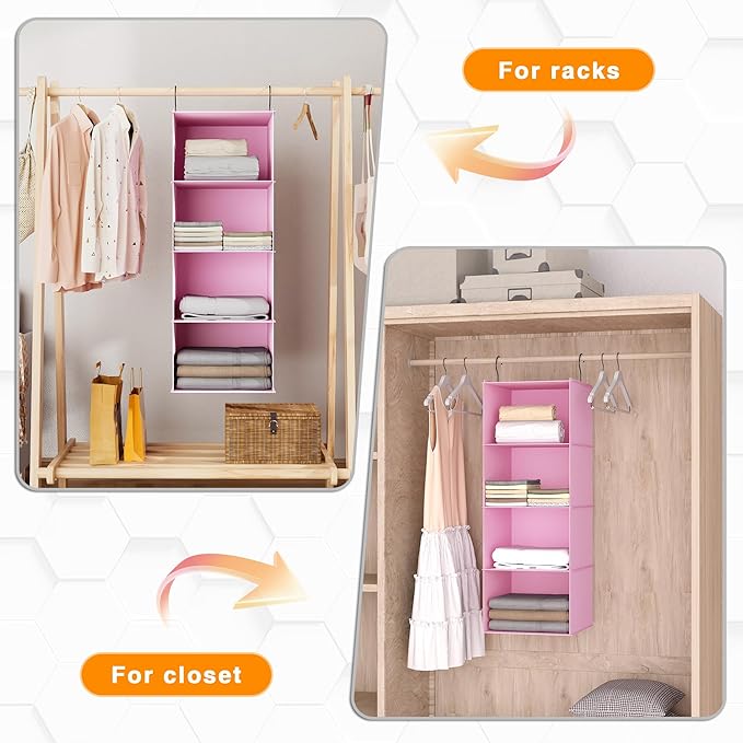 Hanging Closet Organizer, Easy Mount Foldable 4-Shelf Hanging Closet Wardrobe Storage Shelves, Clothes Handbag Shoes Accessories Storage, Washable Oxford Cloth Fabric, Pink