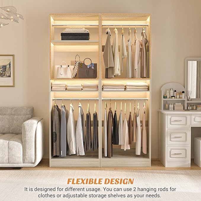 Unikito 25” Closet System, Freestanding Closets Organizer Wardrobe with Hanging Rods and Shelves, Adjustable Clothes Garment Racks, Sturdy Walk in Closet Tower, 25"W x 16"D x 80"H, White Oak