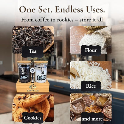 Airtight Coffee Canister with Scoop | Curated Glass Storage Set for Beans, Grounds & Sugar | 9-Piece Ritual Organizer with Bamboo Base, Versatile Artisan Spoon, Labels & Cleaning Brush