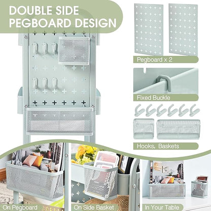 TOOLF 3-Tier Rolling Cart, Metal Utility Storage Cart with DIY Pegboards, Art Craft Trolley with Baskets Hooks, Serving Organizer Easy Assemble for Office, Home, Kitchen, Classroom (Green)