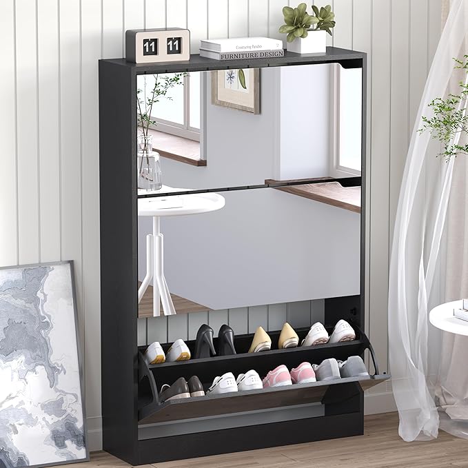 Shoe Cabinet with 3-Flip Mirror Drawers, Freestanding Shoe Rack Organizer with Hidden Handle, Slim Narrow Shoe Storage Cabinet for Entryway, Entrance, Hallway, Bedroom