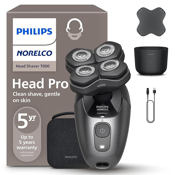 Philips Norelco Head Shaver Pro 7000 Series - Skull Shaver for Men and Women, 360° Flexing Head & ComfortCut Blades for Clean Shave, Gentle on Skin, Model HS7980/40