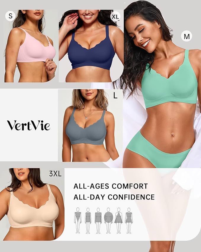 Vertvie Womens Seamless Bras No Underwire Supportive Wireless Push Up Full Coverage Bralette Comfort Scalloped T-Shirt Bra