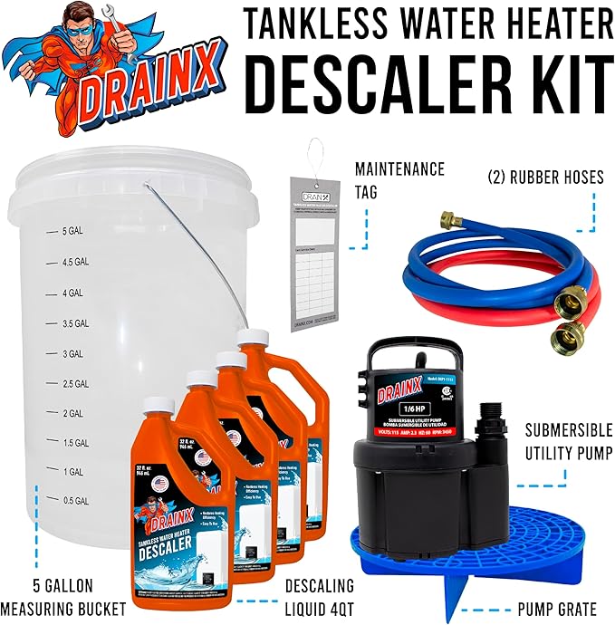 DrainX Tankless Water Heater Flush Kit Includes 4 Quarts of Eco Friendly and Powerful Liquid Descaling Solution for 4 Uses, 5 Gallon Bucket and 1/6HP Extra Strength Pump