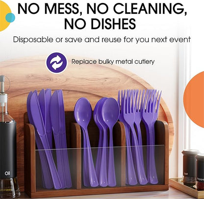 Party Solids Purple Plastic Silverware Heavy Duty 300 Pieces Purple Plastic Cutlery Sets, Utensil Sets, 100 Of Each Forks, Knives & Spoons Disposable Cutlery Set, Flatware Set For Party Supplies