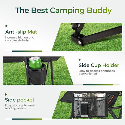 ALPHA CAMP Oversized Folding Camping Chairs for Adults High Backrest Heavy Duty Lawn Chairs Support 500 LBS Portable Camp Chairs with Cup Holders Large Side Pocket Outdoor Chair 2 Pack