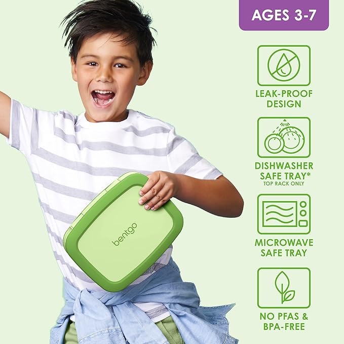 Bentgo Kids Bento-Style 5-Compartment Leak-Proof Lunch Box - Ideal Portion Sizes for Ages 3 to 7 - Durable, Drop-Proof, Dishwasher Safe, PFAS & BPA-Free & Made with Food-Safe Materials (Green)