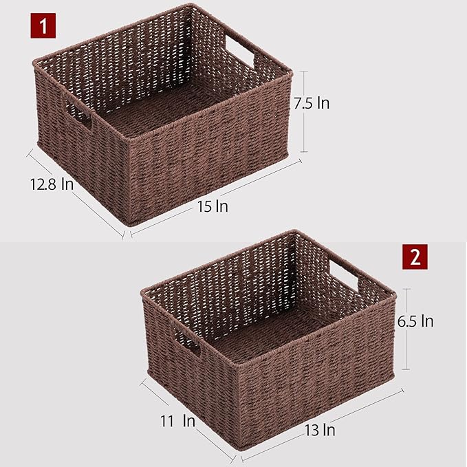 HOONEX Large Woven Storage Baskets, Paper Rope With Sturdy Metal Wire Frame, for Shelves, Set of 2, Dark Brown