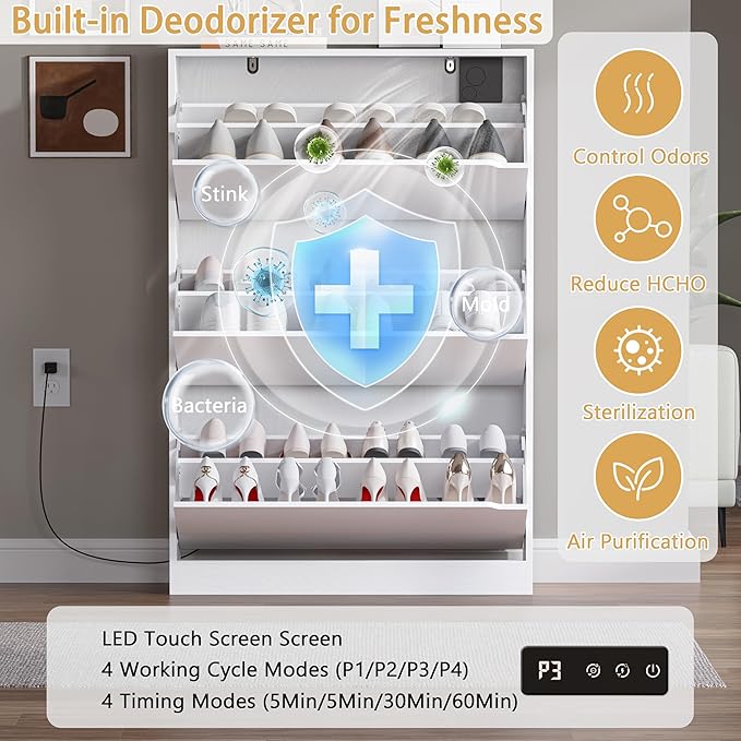 Shoe Cabinet with Odor Control and Back Panels, Deodorizing Slim 3-Flip Shoe Storage Cabinet for Entryway, Freestanding Hidden Shoe Rack Organizer for Entrance, Hallway, Bedroom