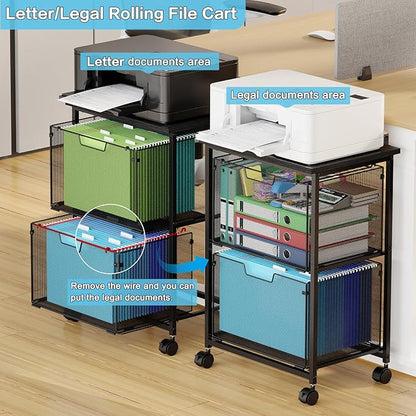 Letter/Legal Rolling File Cart with 2 Storage Drawers, Under Desk Storage, Vertical Filing Cabinet for Home Office, Hanging File Folders Organizer, Mobile Utility Cart Printer Stand, Black