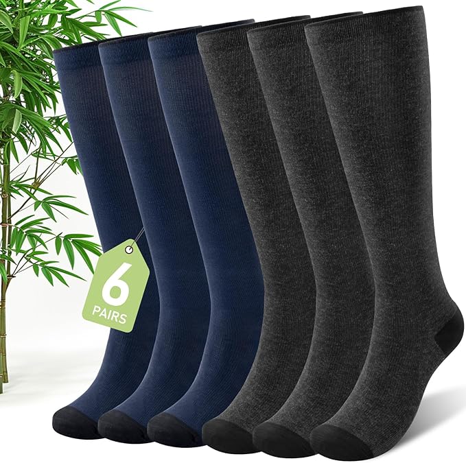 SONORAN Bamboo Viscose Compression Socks for Women & Men (6 Pairs) 20-30 mmHg Knee High Support for Nurses Travel Pregnant