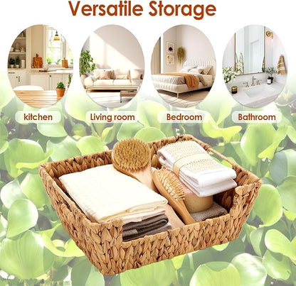 Water Hyacinth Wicker Basket 2 Pack With Handles - Pantry Storage and Organization, Handmade Large Natural Baskets for Organizing