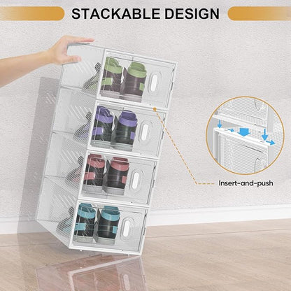 BALEINE 3 Pack Stackable Shoe Storage Boxes Fit Size 11, Thickened Clear Shoe Box Bins with Lids, Plastic Foldable Shoe Rack Organizer Sneaker Storage Containers (X-Large, White)