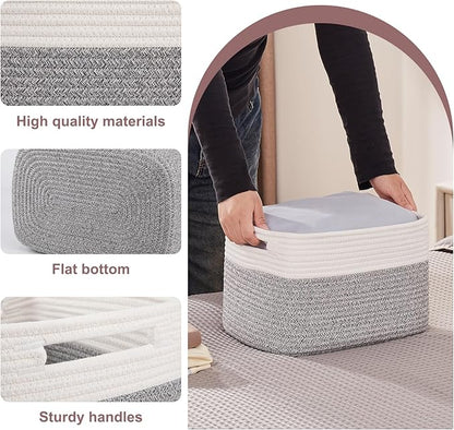 OIAHOMY 4 Pack Storage Baskets for Organizing, Basket for Shelves with Handle, Woven Baskets for Storage Toys, Towels, Books, Cotton Rope Basket 13" L x 9 " W x 7.8 " H, Grey & White