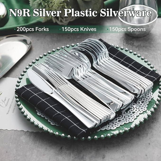 N9R 500PCS Silver Plastic Cutlery Set - 200 Forks, 150 Knives, 150 Spoons - Disposable, Premium, Sturdy - Silver, Plastic - Perfect for Gathering, Weddings, Parties