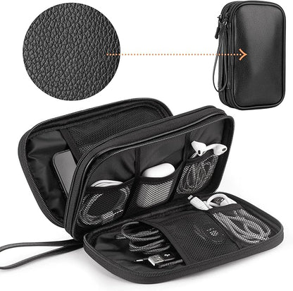 Leather Travel Electronic Organizer - Double Layer, Waterproof Case for Cables, Chargers, Phones & More - Portable, Shockproof Pouch for All Your Electronics Accessories (Black, M)