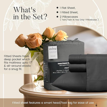 100% Organic Cotton Twin Sheets Set, 300TC Sateen Weave 3 PC Twin Bed Sheets, Fully Elasticated Sheet & Pillowcase Sets, Soft & Comfy No Lint Machine Washable Grey Sheet, Fade Resistant – Charcoal