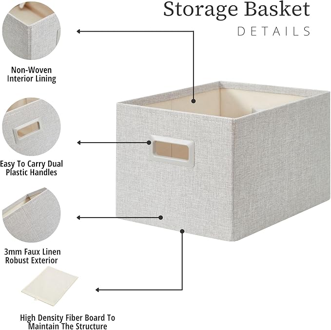 DECOMOMO Storage Bins for Shelves Robust Fabric Closet Bins for Shelves Toy Storage Clothes Books (Pack of 3 – Light Grey)