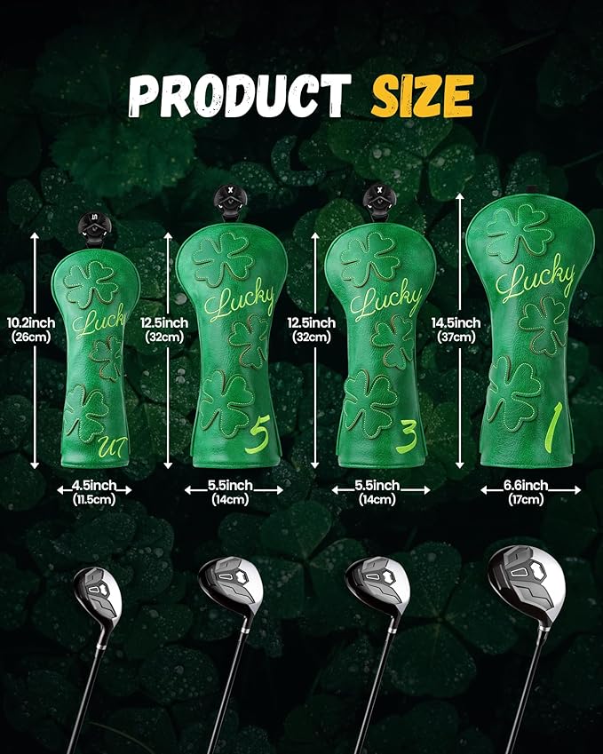 Golf Headcovers Golf Club Head Covers Four Leaf Clover Good Luck Charm - Clover Style Premium Leather Driver Fairway(FW) Wood Hybrid(UT) with Number Tags