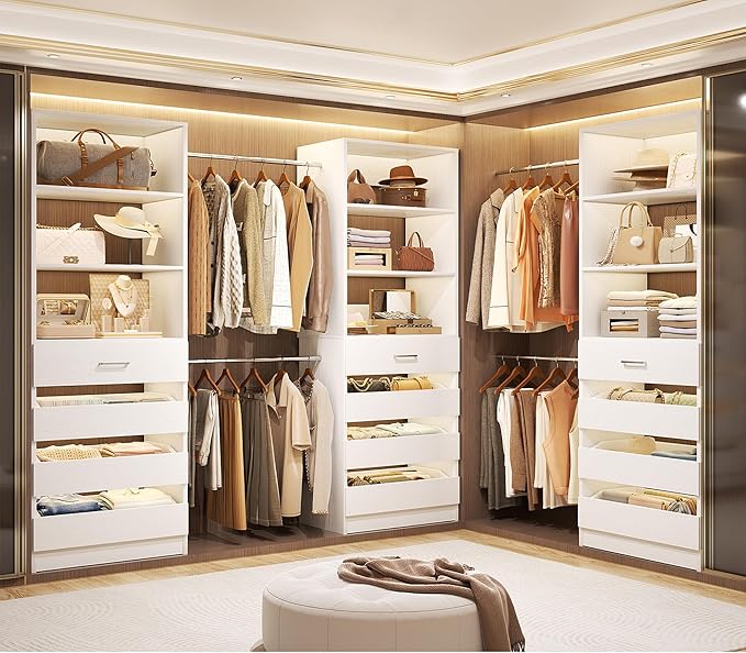 Aheaplus Closet System with 12 Drawers, 8.5-11.5Ft Wood Closet Organizer System with 4 Hanging Rods & 3 Towers, 4Ft & 6Ft L-Shaped Walk-in Closets Wardrobe Organizer Clothes Rack, Set of 3, White