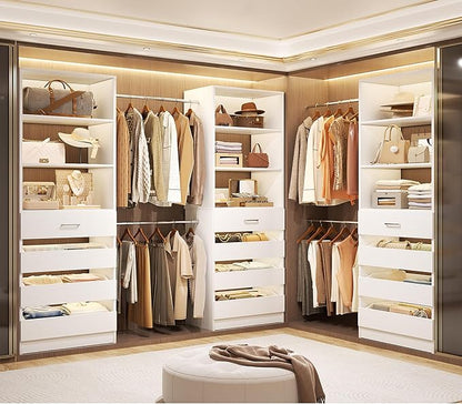 Aheaplus Closet System with 12 Drawers, 8.5-11.5Ft Wood Closet Organizer System with 4 Hanging Rods & 3 Towers, 4Ft & 6Ft L-Shaped Walk-in Closets Wardrobe Organizer Clothes Rack, Set of 3, White
