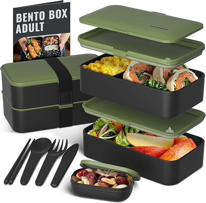 Bentoheaven Premium Bento Box Adult Lunch Box with Compartments for Women & Men, Set of Utensil & Chopsticks & Dip Container, Cute Japanese Kids Bento Lunch Box, Microwavable (Olive Garden)
