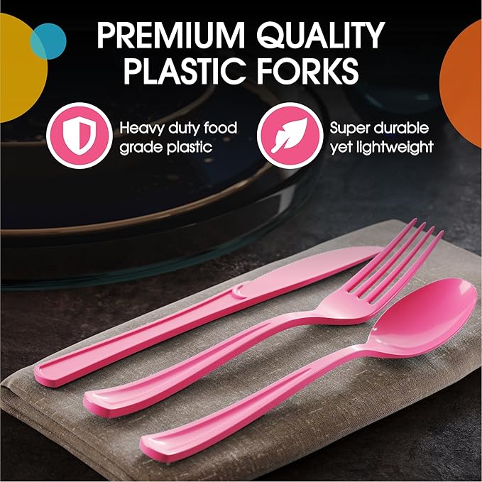 Party Solids Hot Pink Plastic Silverware Heavy Duty 300 Pieces Hot Pink Plastic Cutlery Sets, Utensil Sets, 100 Of Each Forks, Knives & Spoons Disposable Cutlery Set, Flatware Set For Party Supplies