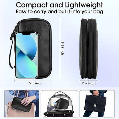 Leather Travel Electronic Organizer - Double Layer, Waterproof Case for Cables, Chargers, Phones & More - Portable, Shockproof Pouch for All Your Electronics Accessories (Black, M)