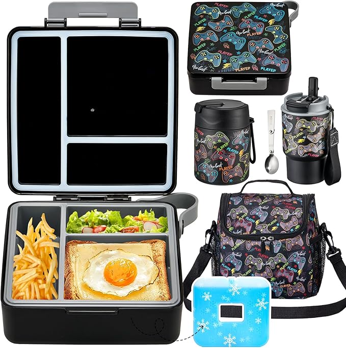 Lunch Box Set with Bento Box Container, 17OZ Stainless Steel Food Soup Thermo, Kids Water Bottle & Portable Insulated Lunch Bag – Leakproof, Hot/Cold Retention for School, Travel (Black-Game)